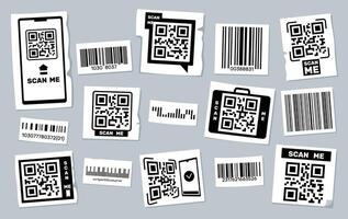 QR code stickers. Barcode labels with product information or link, scanner frame of price tag graphic elements, scanning on phone concept. Vector set