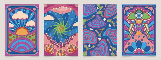 Retro psychedelic posters. Abstract 1970s hippie collage banner, colorful 70s banners with floral geometric shapes. Vector acid hippie flyer collection