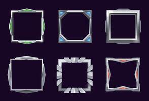 Game ui square frame. Silver frames with colorful gemstones vector