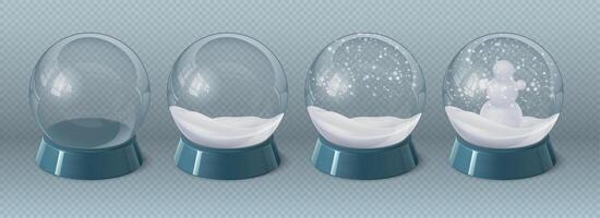 realista magia vaso globo vacío, con nieve y muñeco de nieve. Navidad cristal bola de nieve con invierno decoración. recuerdo con nevada vector conjunto