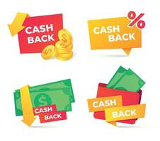 Cashback badges. Wallet with dollar banknotes, paying online and receiving money back service. Money returning label vector