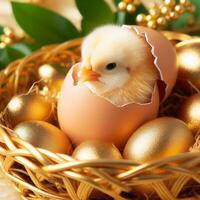 ai generado un polluelo es emergente desde un huevo en un dorado cesta. foto