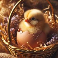 AI generated A chick is emerging from an egg in a golden basket. photo