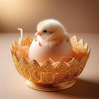 AI generated A chick is emerging from an egg in a golden basket. photo