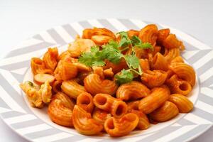 Macaroni Pasta with Tomato Sauce and Sliced Sausage Served on a white plate on a blue background. photo