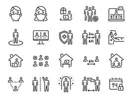 Social distance icons. Self quarantine, safe distancing and stay home line icon. Man and woman in mask. Coronavirus prevention vector set