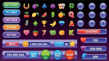Casino game user interface menu, icons and buttons. Cartoon mobile gamble slot machine gui elements, progress bar and coin panel vector set