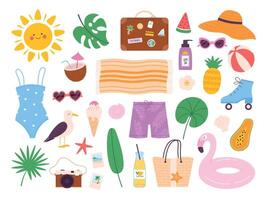 Summer icons, sun, beach bag, swim suit and ice cream. Summertime vacation travel elements. Flat summer tropical seaside stickers vector set