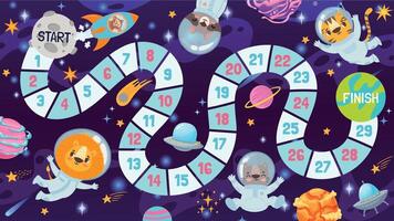 Cartoon space board game for kids with animals astronauts. Path map for children galaxy dice play. Cosmos race strategy game vector template