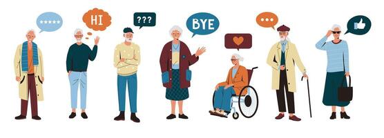 Old people with chat bubble. Cartoon senior male female characters with mobile phone browsing internet, grandfather grandmother with gadgets. Vector isolated set