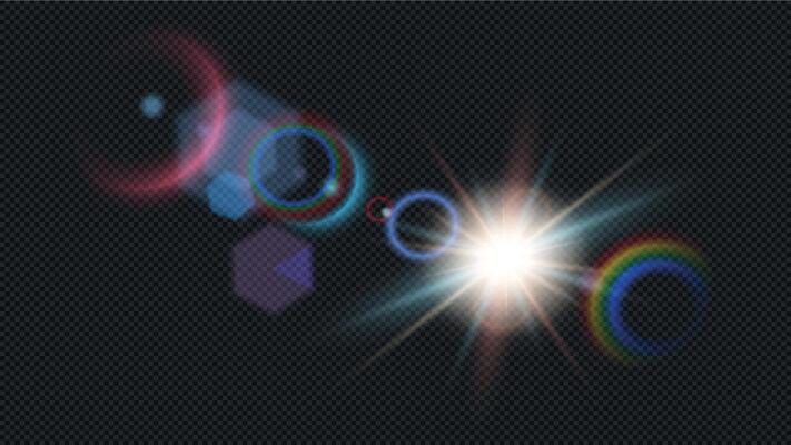 Horizontal sun rays and spotlight. Colorful glowing light explosion isolated on transparent. Colorful effect