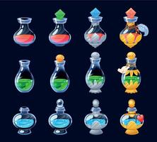 Game elixir. Cartoon GUI potion sprite asset of flasks and phials for life mana and strength for 2D game. Vector colorful potions from weak to strongest icon set