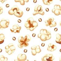 Popcorn pattern. Seamless print of fun snack or TV series and cinema watching, popping corn of various shapes decoration. Vector texture