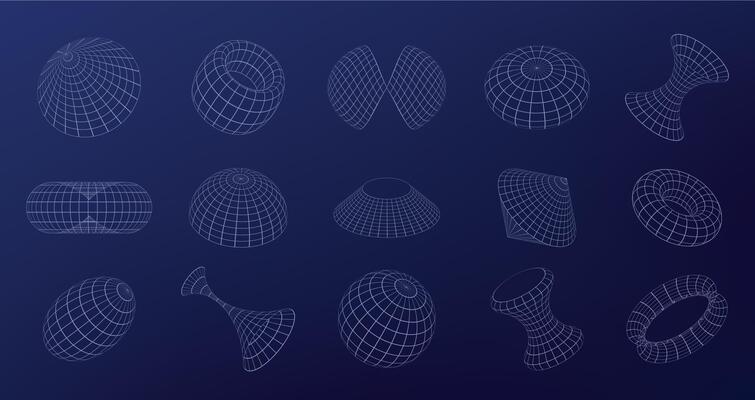 Wireframe Geometric Shapes. Grid retrofuturistic shapes arranged in perspective with sense of depth and dimension. Vector 3D complex abstract forms set