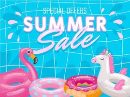 Special offers summer sale banner poster, pink flamingo and unicorn vector