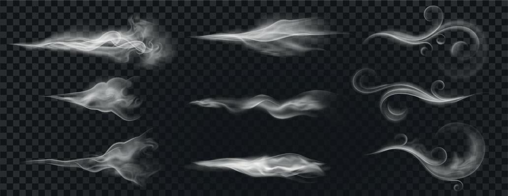 Realistic wind blow swirls, smoke air or hot steam. Curved flow waves, mist, aroma or perfume clouds effect. White blowing stream vector set