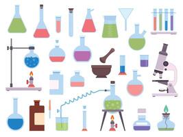 Flat chemistry laboratory glassware equipment for science experiment. Medical lab beaker, test tube, microscope, burner and flask vector set