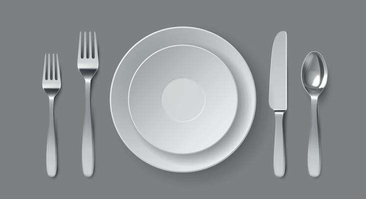 Realistic table serving. Round dining plate with forks, knife and spoon. Restaurant empty dish and cutlery close up top view vector mockup
