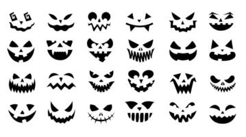 Víspera de Todos los Santos caras. Siniestro garabatear sonriente cara expresiones con enojado ojos para horror carteles, mal fantasmas y Jack linterna caras. vector aislado conjunto