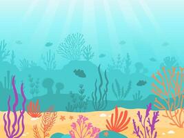 submarino antecedentes. dibujos animados marina con coral arrecife, arena, algas marinas y pez. Oceano fondo escena, profundo submarino marina vector paisaje