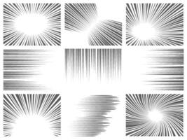 Comic line effect. Radial and horizontal speed motion texture for manga and anime. Explosion, flash and fast action lines vector graphic set