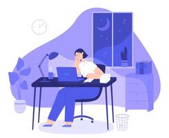 Woman work late at night. Tired female freelancer busy at computer overnight in home office with desk. Employee overtime work vector concept