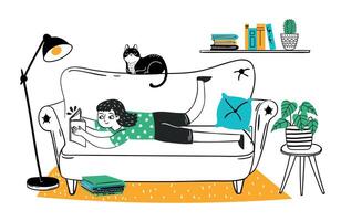 Hand drawn reader girl enjoying hobby lie in sofa vector