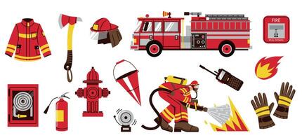 Fire truck with equipment. Firefighter characters with red rescue transport extinguisher hydrant bucket, fireman department instruments. Vector set