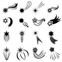 Flat falling stars icons, comet logo designs. Magic star fall with sparkle trail. Abstract galaxy meteor with tail. Shooting star vector set