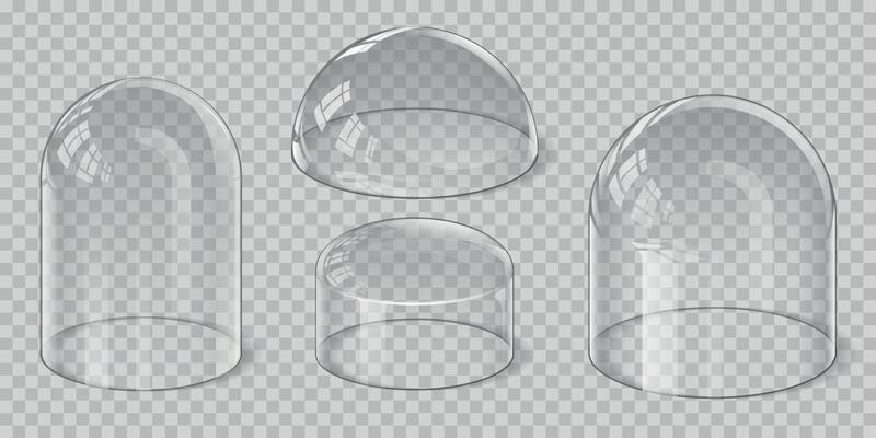 Realistic transparent glass dome spherical, hemisphere and bell shape. Protection shield and display stand cover. Glossy showcase vector set