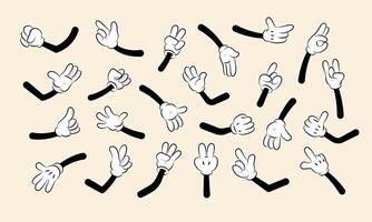 Retro cartoon hands. Cute comic character arms and fingers, glove with pointers and thumbs up gestures. Vector isolated set