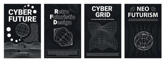 Neo futuristic abstract posters with grids and wireframe 3d objects. Cyberpunk future geometric designs. 90s retro surreal covers vector set