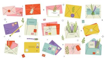 Cartoon envelopes with letters. Open and closed blank postcards with address and stamp, send and receive greeting cards mockup with postmarks. Vector set