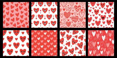 Sketch and cartoon hearts with faces, valentine day seamless patterns. Cute abstract romantic love symbol prints. Heart textures vector set