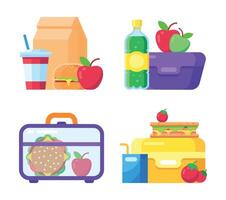 School kid lunch box. Healthy and nutritional food, bottle or cup of drink. Sandwich and snacks packed in plastic containers vector