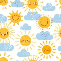 Cartoon sun seamless pattern. Print for nursery with summer sunny day sky with clouds. Cute baby sunshine with funny emoji faces vector set