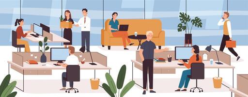 Busy people in office. Company modern workplace interior with employees sitting tables and computers. Scene with work process vector concept