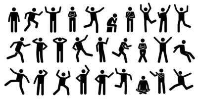 Stick man body. Black pictogram silhouettes of people in various relaxed and dynamic postures. Vector human movement and gestures isolated set