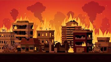 Cartoon apocalyptic city landscape with destroyed building on fire. Cityscape with burn street houses and smoke. Fire in town vector concept