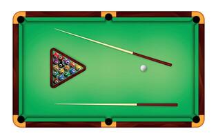 Billiard green table top view with balls and cue sticks. Realistic american pool game felt field for gamble sport tournament vector concept