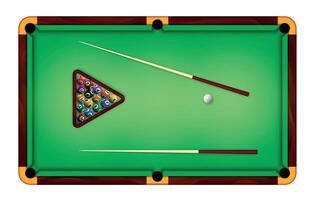 Billiard green table top view with balls and cue sticks. Realistic american pool game felt field for gamble sport tournament vector concept