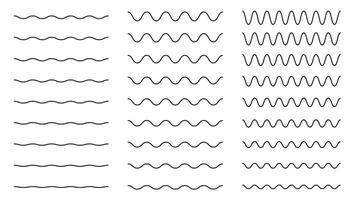 Line horizontal water wave. Wavy sinusoidal outline horizontal divider, wavy smooth ripple stripes, straight and curved line. Vector isolated set