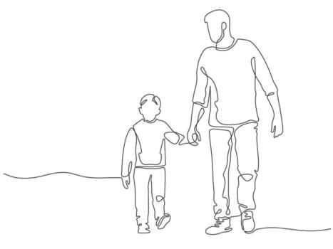 uno línea padre. papá caminando con hijo. paternidad póster con hombre y niño participación manos. continuo líneas contento padres día vector concepto