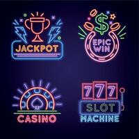 Casino vegas street wall neon game winning sign. 777 gambling slot machine. Glowing lucky jackpot banner with trophy. Casino icon vector set