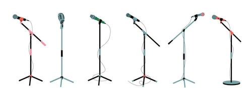 Microphone on stand. Mic instruments for concert stage performance, studio interview recording, broadcasting music audio equipment cartoon flat style. Vector isolated set