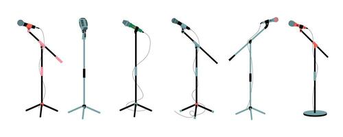 Microphone on stand. Mic instruments for concert stage performance, studio interview recording, broadcasting music audio equipment cartoon flat style. Vector isolated set