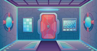 Cartoon futuristic spaceship corridor with door, panels and portholes. Space game sci-fi interior background. Cosmos station vector scene