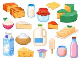 Milk products. Milky drinks in glass, box and galon, yogurt, whipped and sour cream, cheese types and butter. Farm fresh dairy vector set
