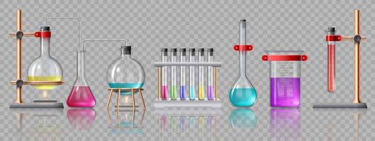 realista laboratorio equipo. vaso tubos, frascos, quemador y cubilete con productos quimicos en titulares química laboratorio prueba experimentar vector conjunto