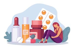 Depressed people with pile of pills, addiction concept vector